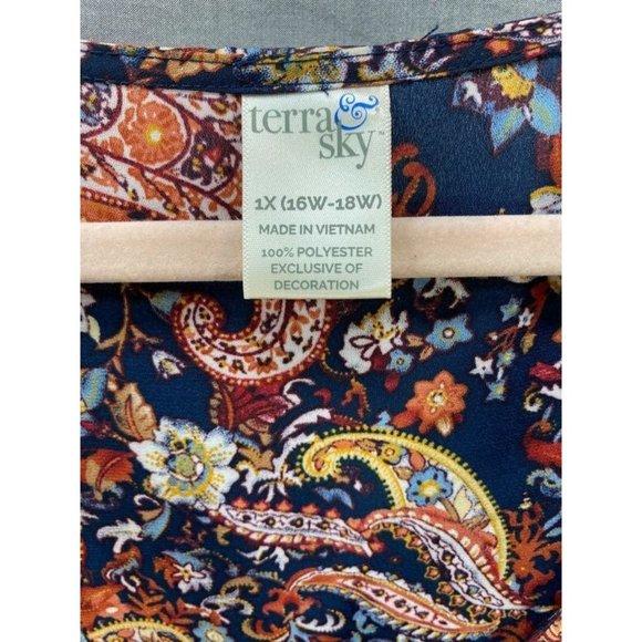 Terrra Sky‎ Shirt Women 1X Blue Orange Floral Paisley Long Sleeve Top Ladies. - Picture 4 of 8